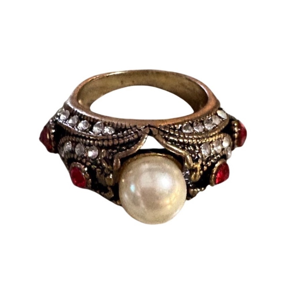 Cocktail Ring Womens‎ Size 10 Gold Faux Pearl Rhinestone Red Vintage Style